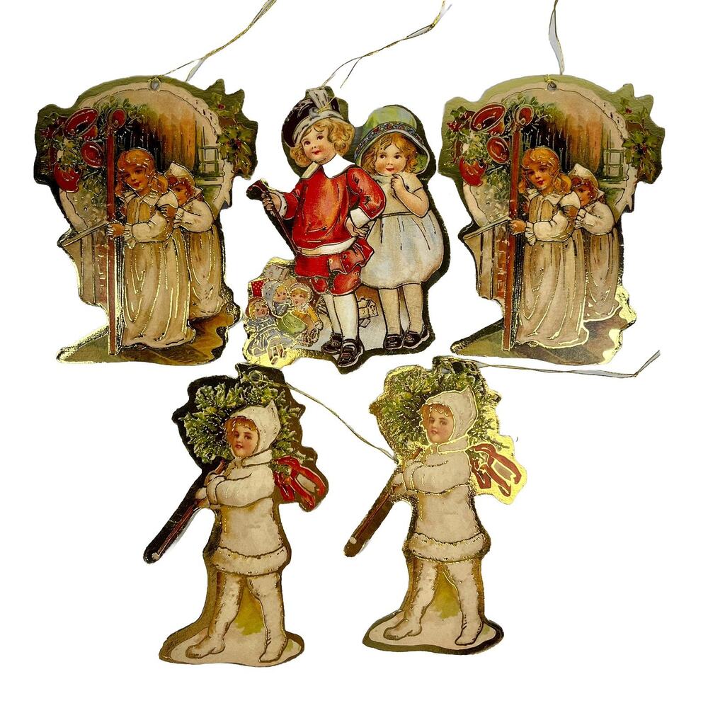 Vintage Christmas Ornaments Die Cut Cardboard Victorian Children Lot of 5